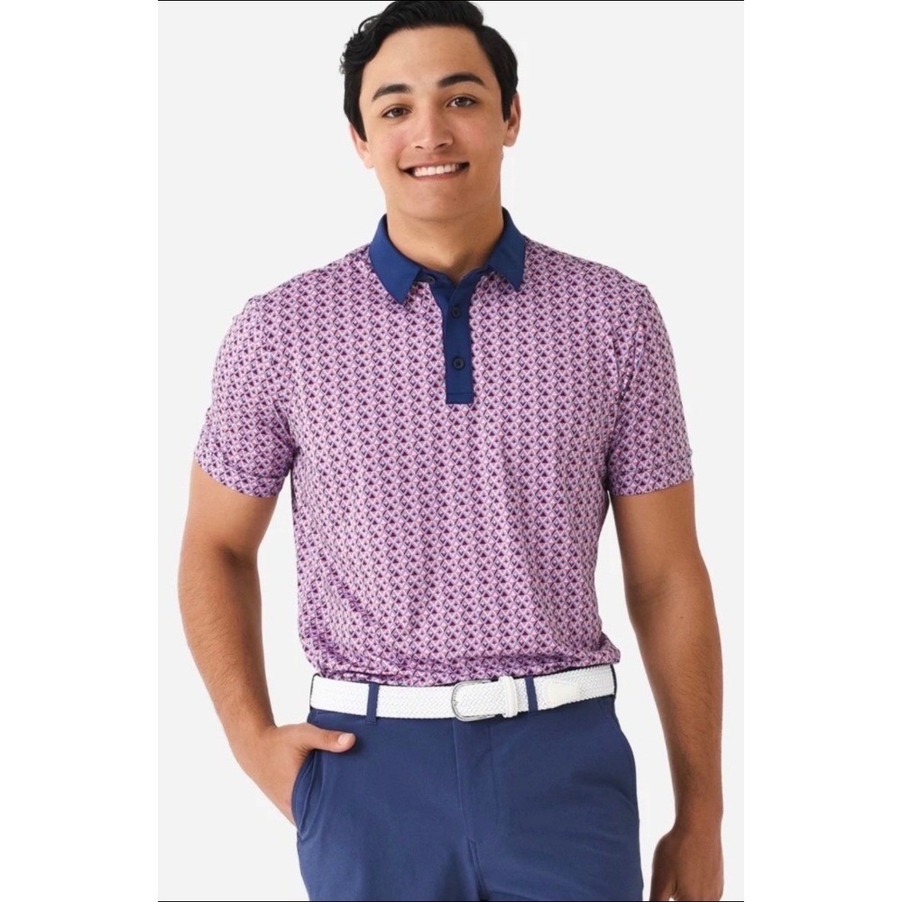 Mizzen + Main Mens Size S Versa Polo Geometric Pink Navy Golf Active Resortwear